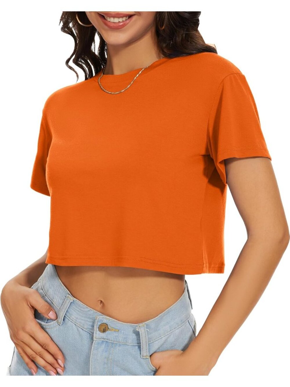Women's Solid Orange Short Sleeve Round Neck Loose Fit Casual Summer Crop Tops - Picture 2 of 6